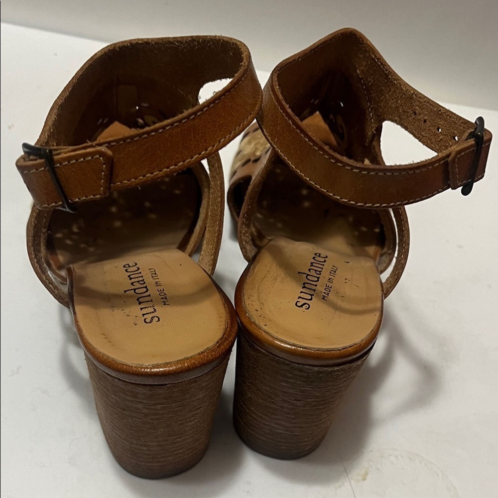Sundance Brown Sandals with Floral Cutouts Sz 9 Women Chunky Heel - Picture 6 of 8